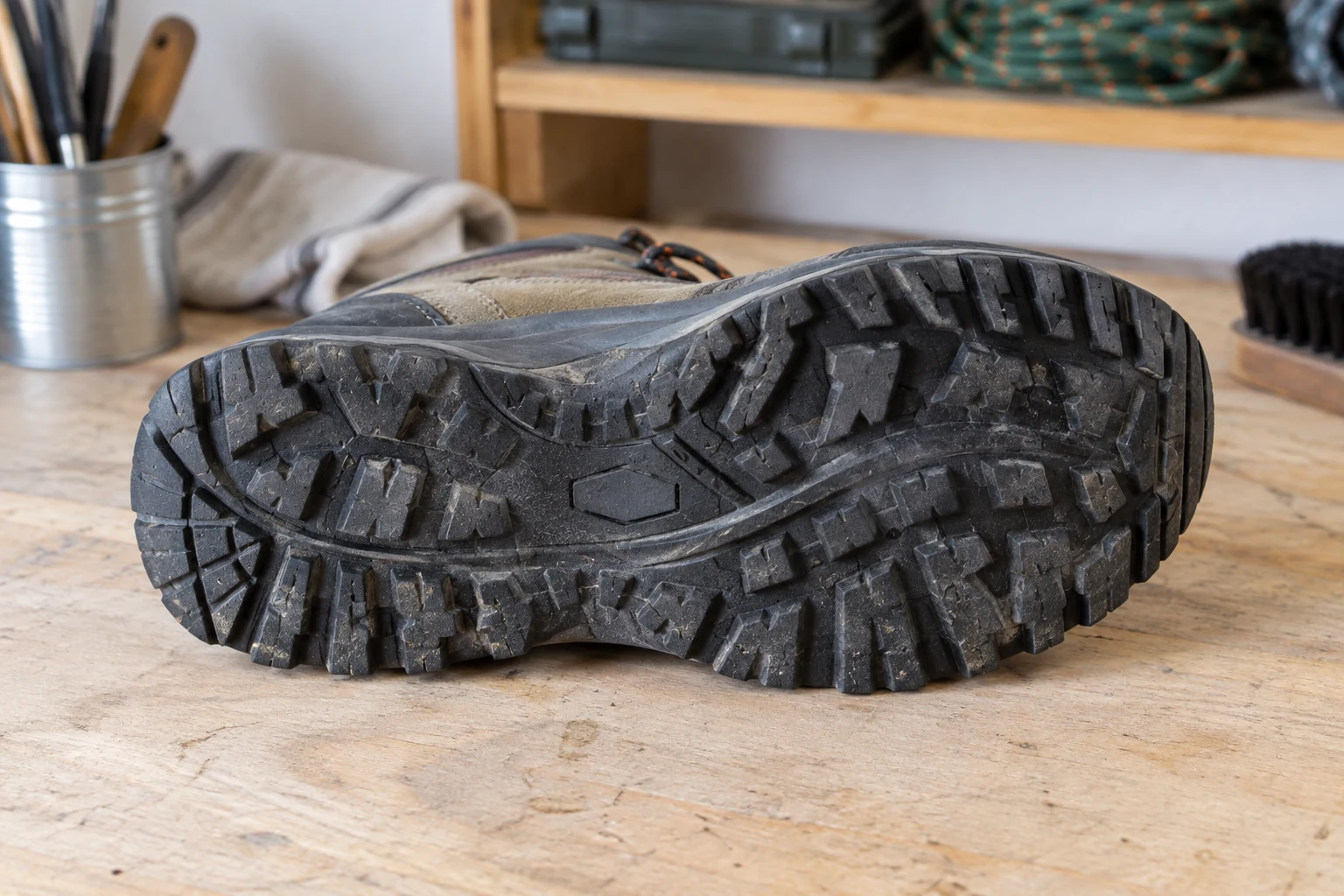 The tread on the underside of a hiking boot.