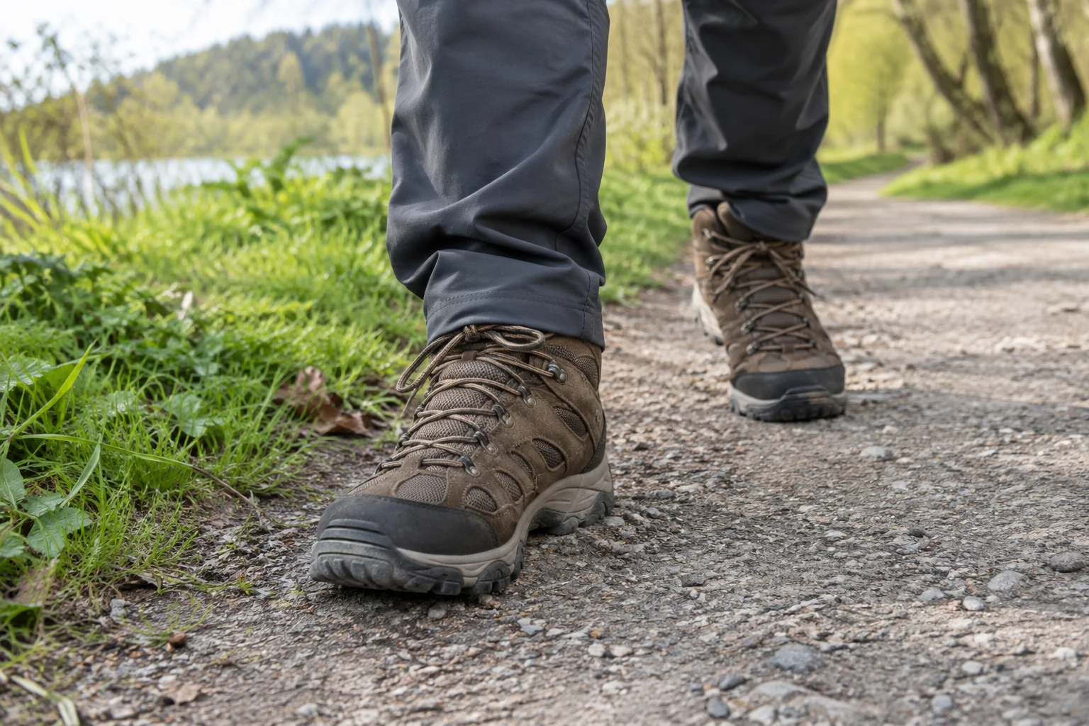 Hiking boots on a short walk along a park path.
