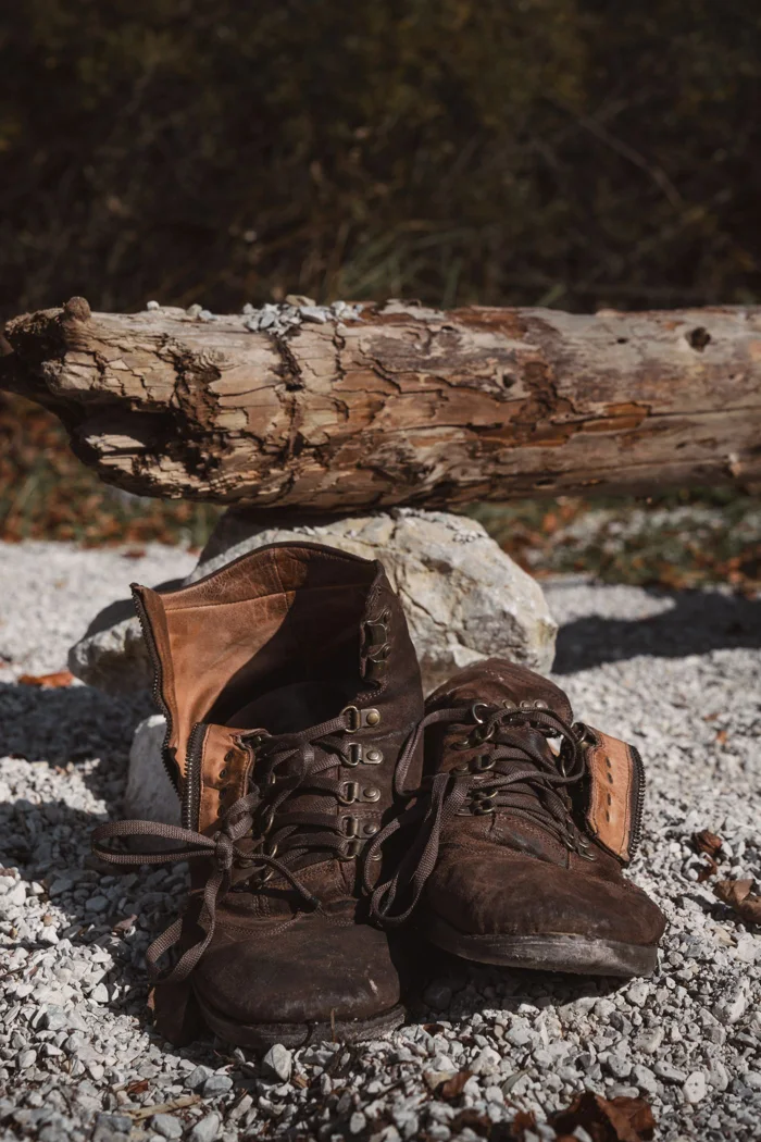 Hiking boots on a gravel path.