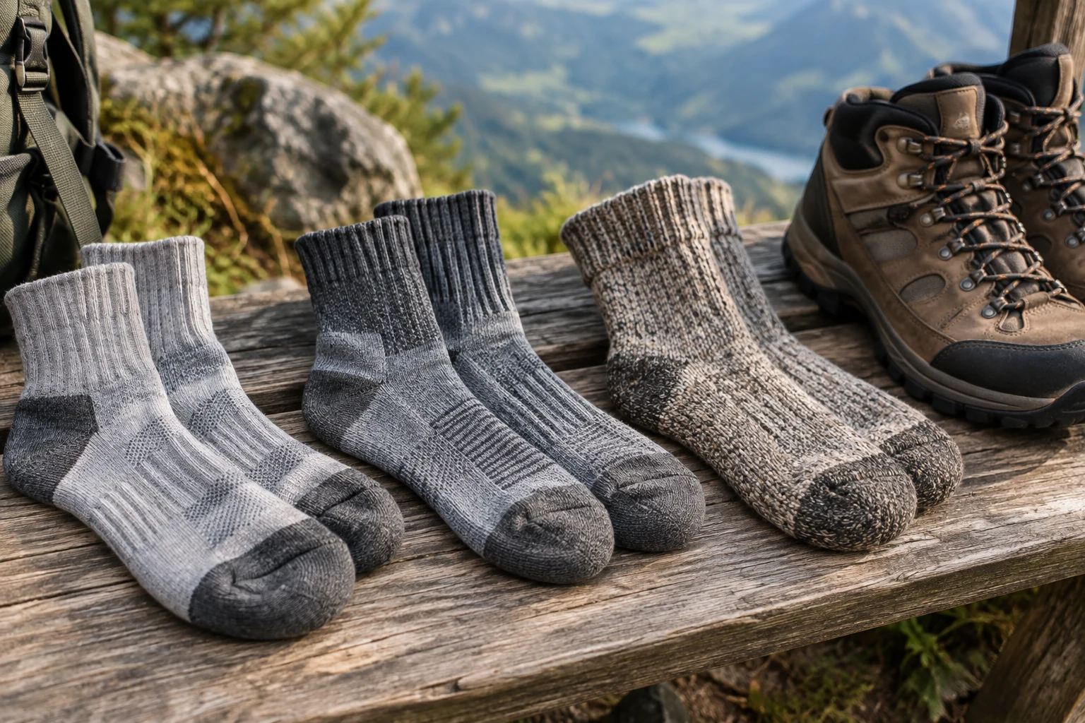Walking socks of different thickness beside a pair of shoes.