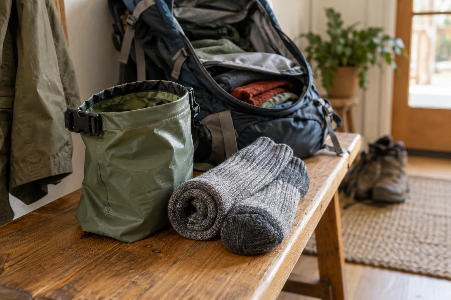 Spare walking socks beside a small waterproof pouch.
