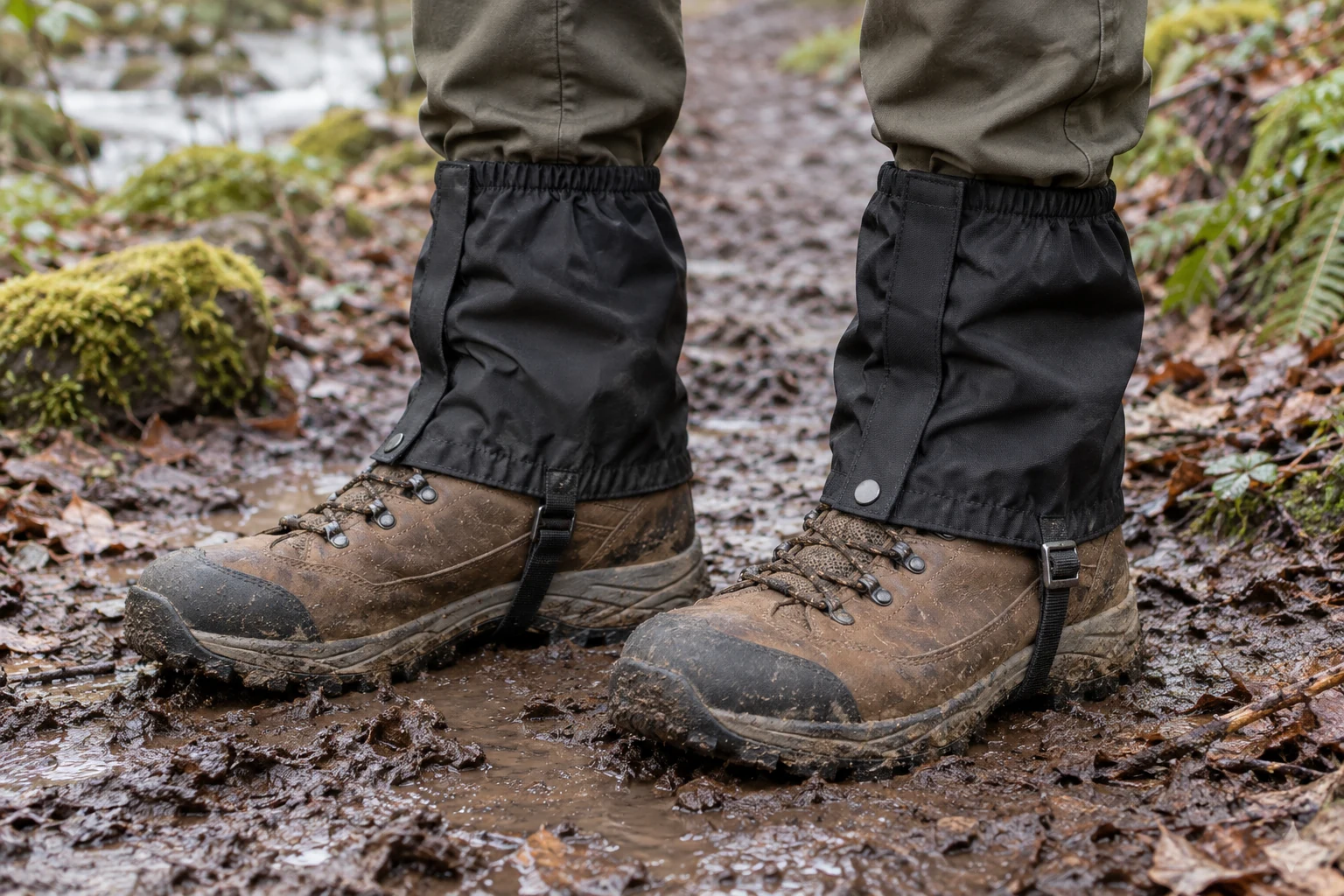 Short gaiters over hiking boots on a muddy path.