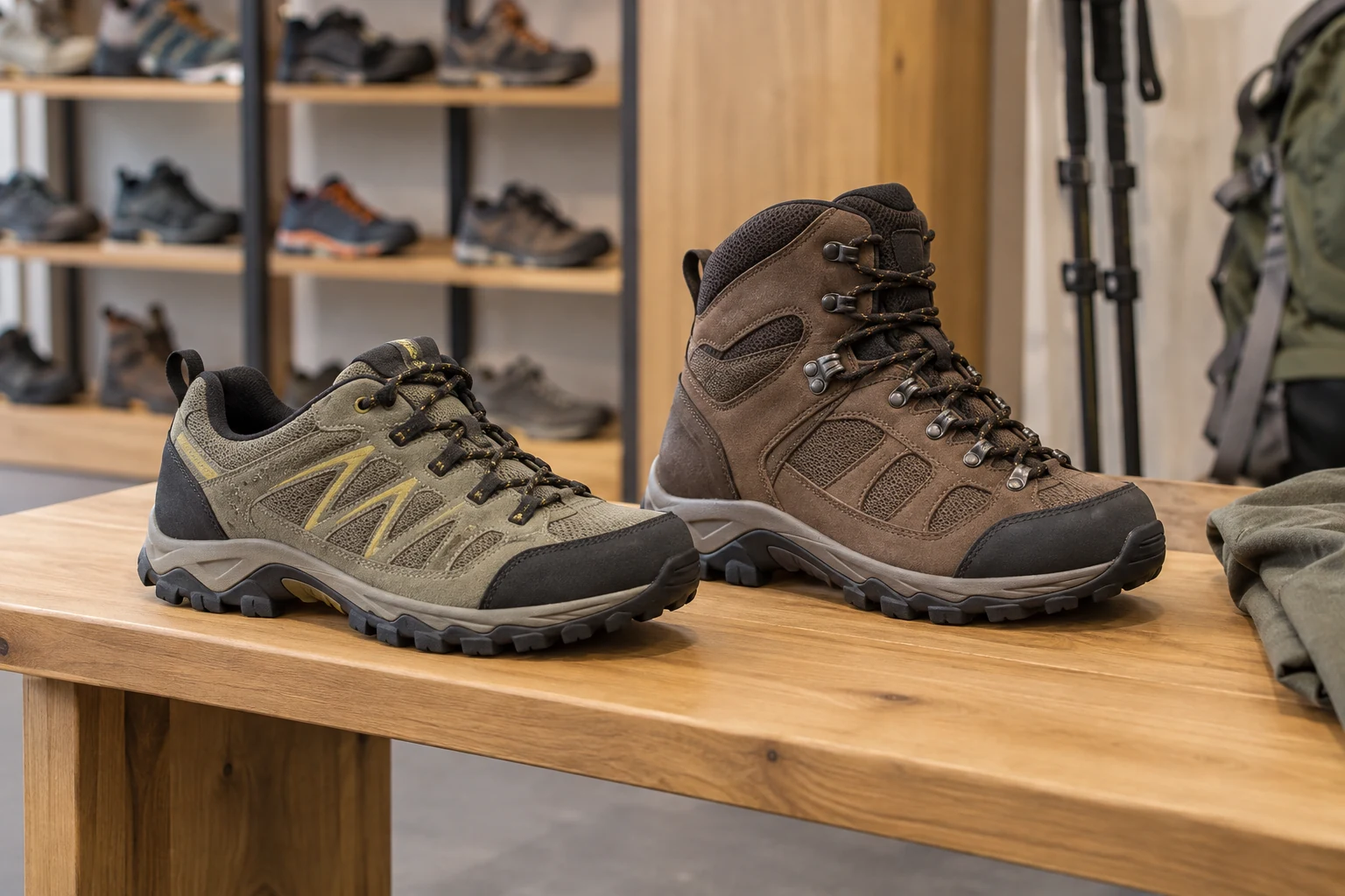 Two different hiking-shoe models on a fitting bench.