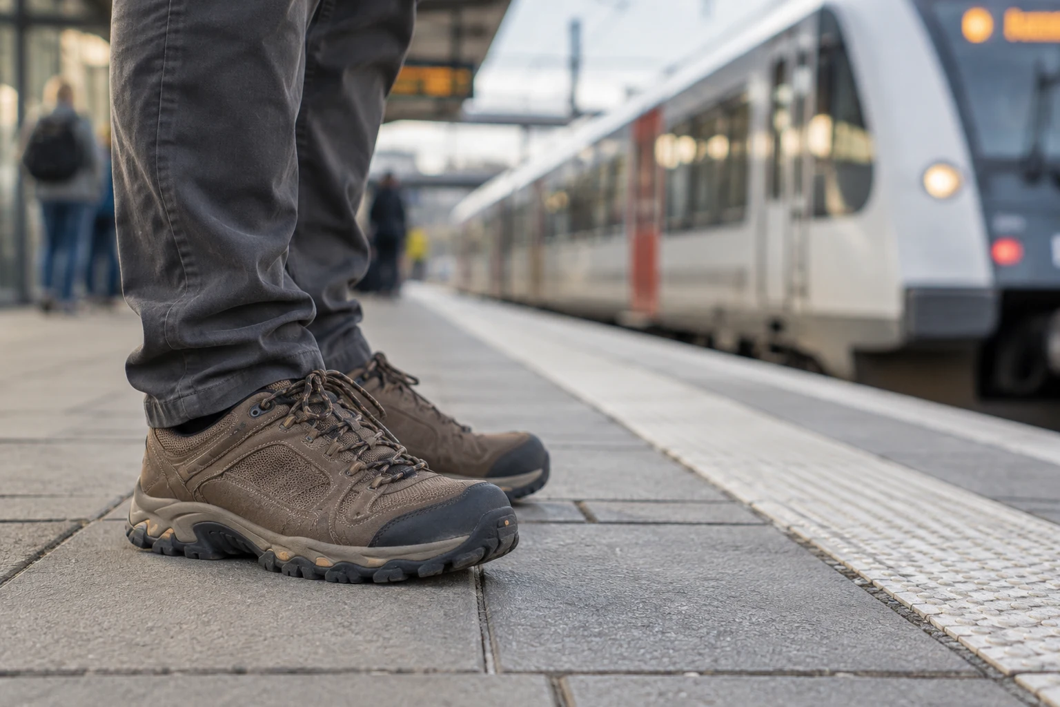 Low walking shoes on a railway-station platform.