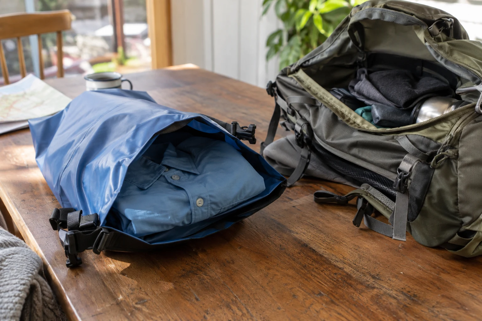 A dry spare shirt inside an open packing bag.