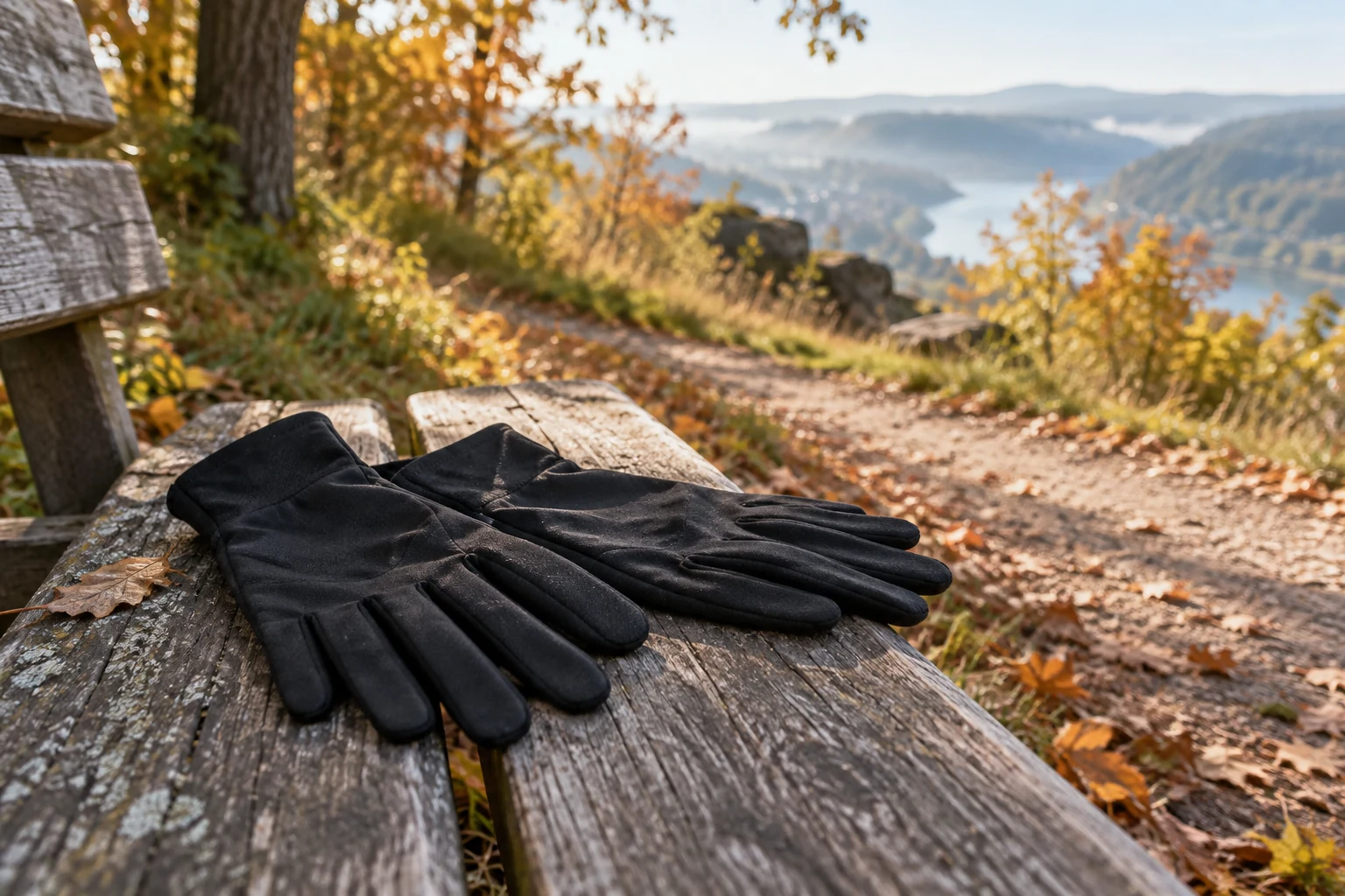 Lightweight gloves on a bench beside a path.