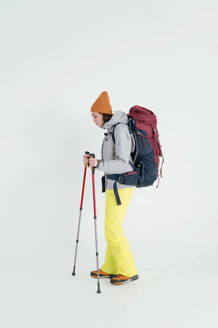 Side view of a hiking backpack being worn.