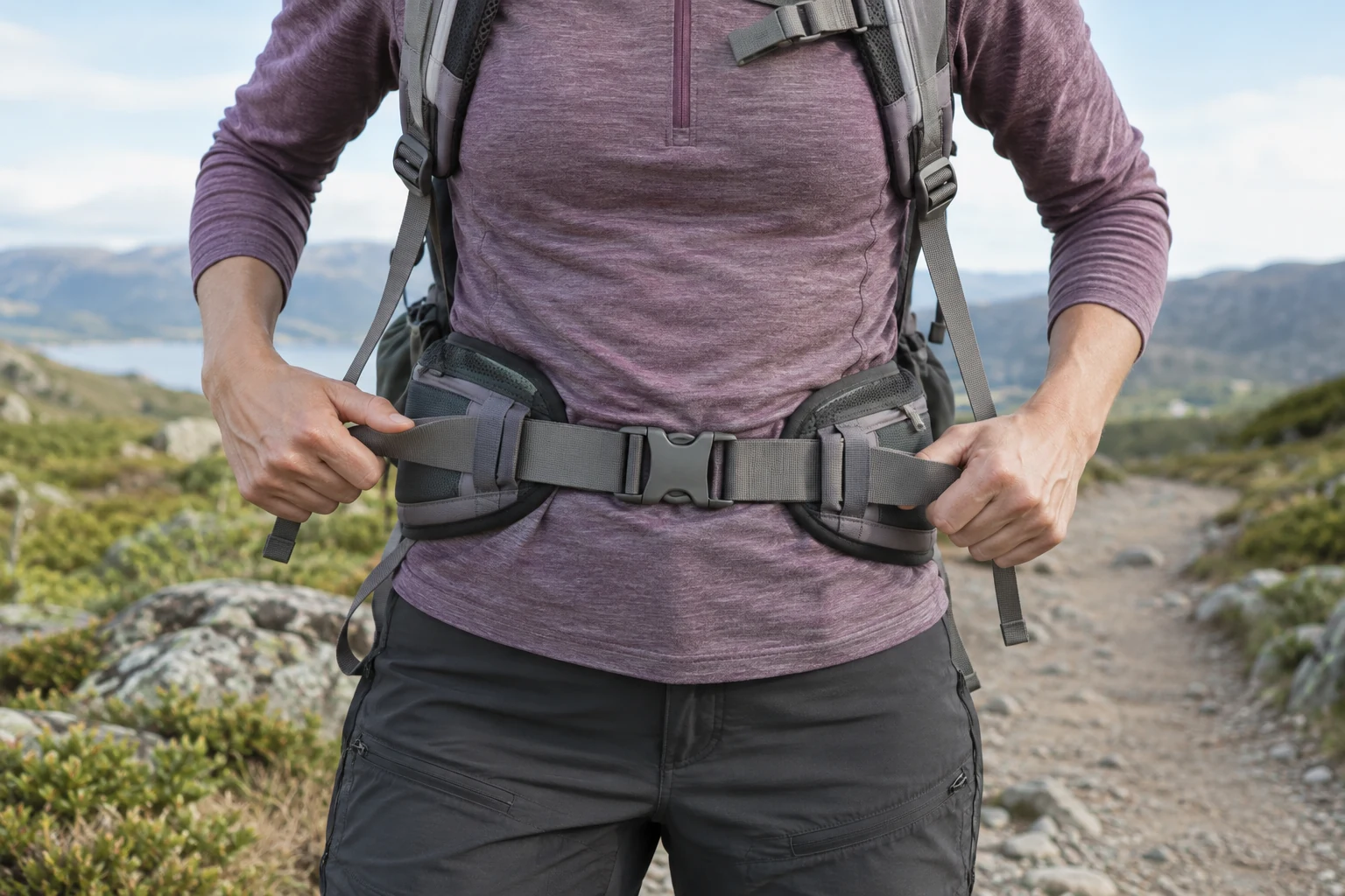 Adjusting the hipbelt of a hiking backpack.