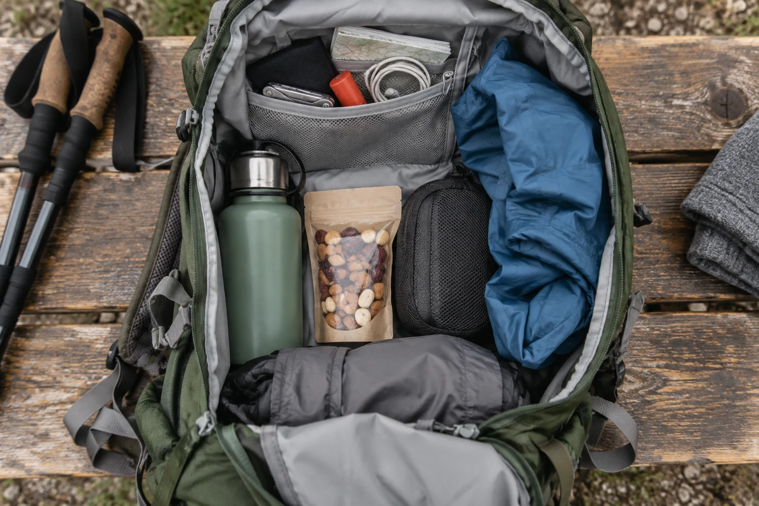 An open daypack with its contents arranged for access.