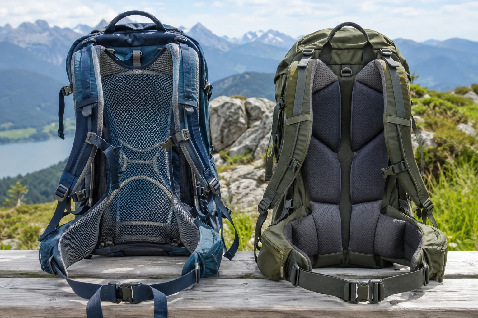 Suspended mesh and padded contact backpanels on two daypacks.