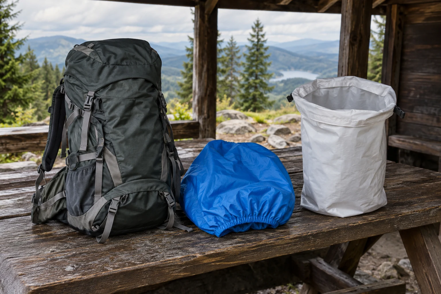A backpack with a separate rain cover and an internal pack liner.