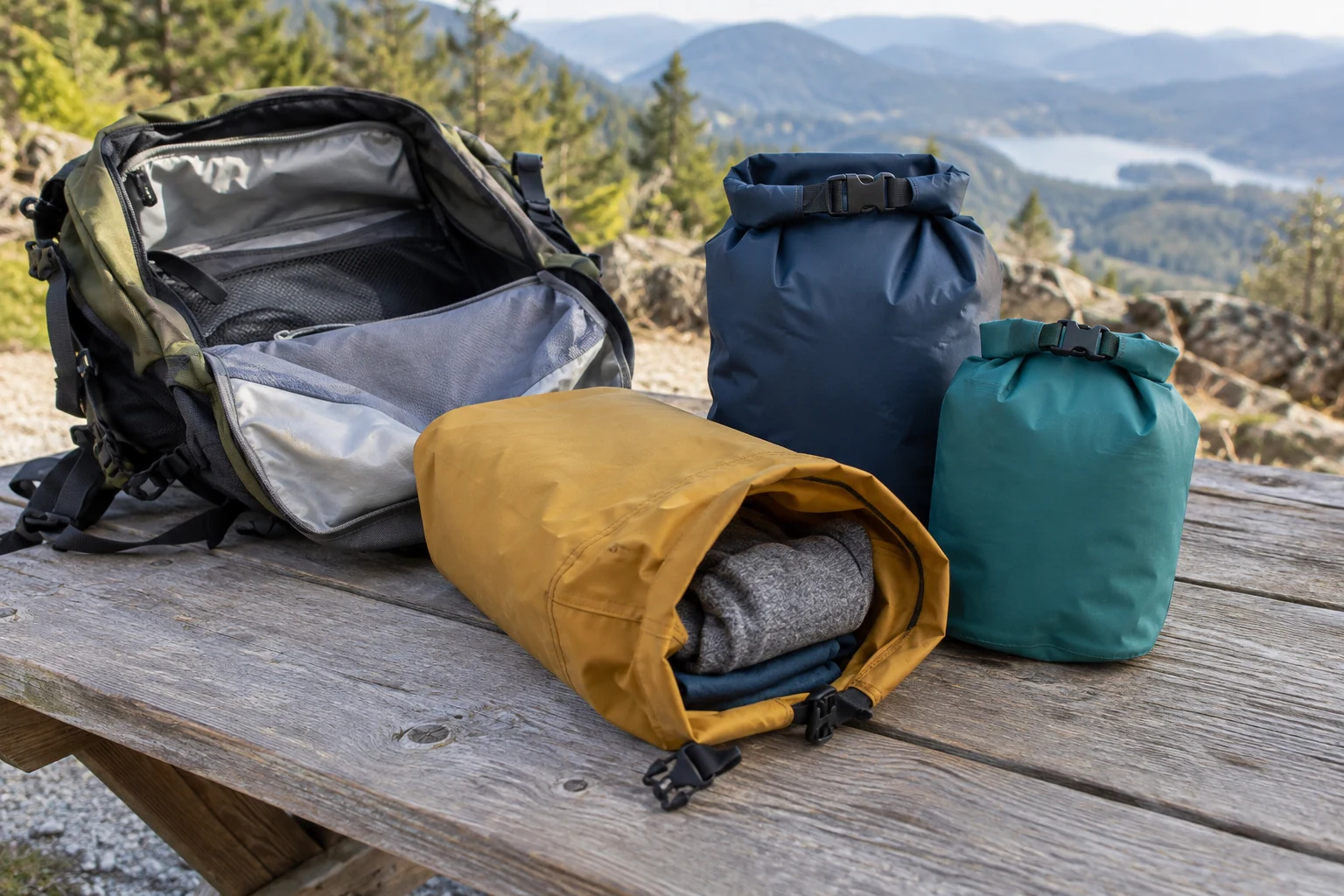 Three rolltop dry bags beside a daypack.