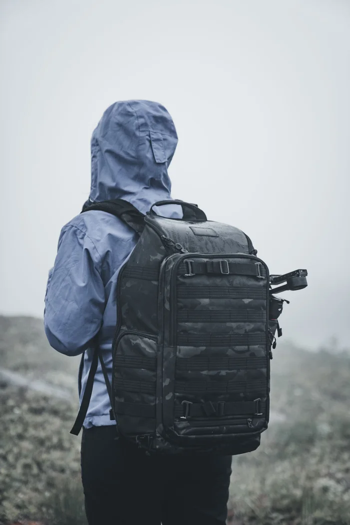 A backpack worn by a walker.