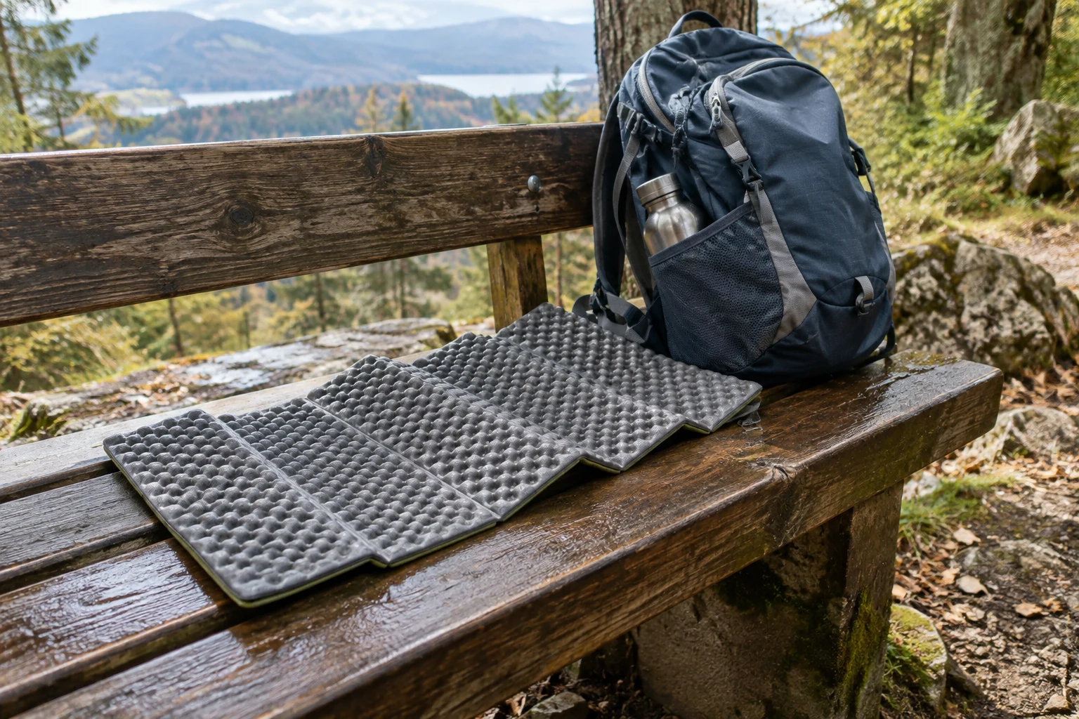 An unfolded foam sitting pad on a trail bench.