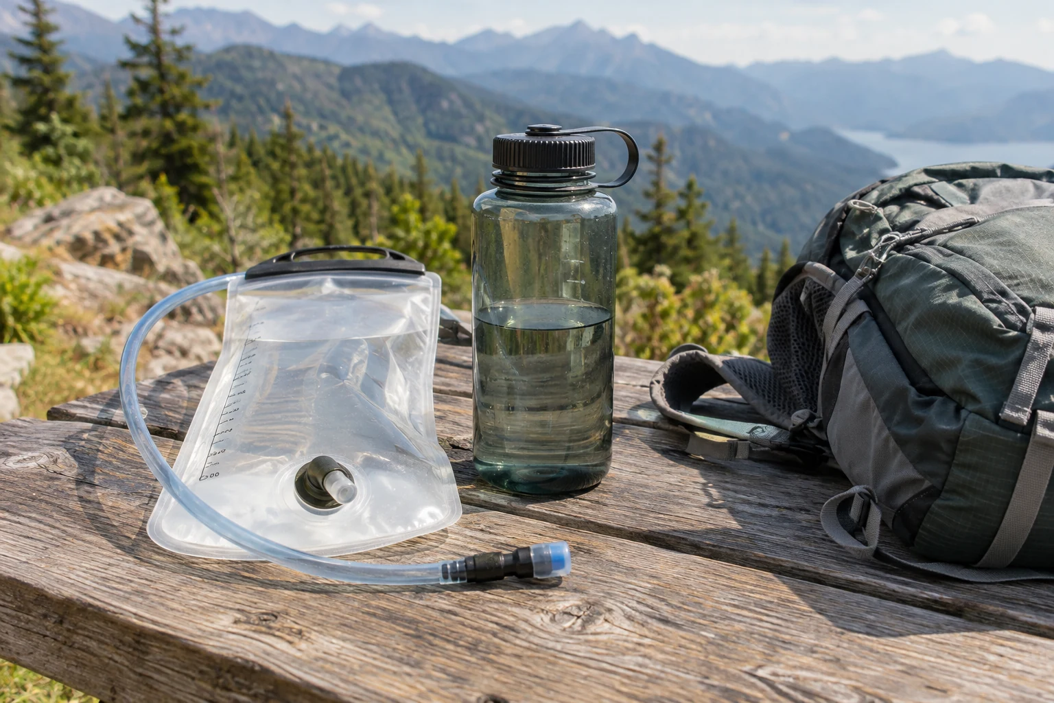 A hydration reservoir with tube beside a reusable water bottle.
