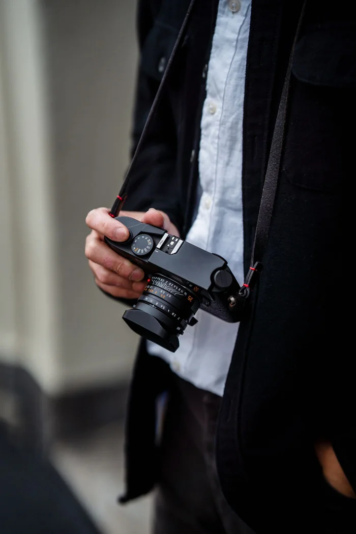 A small camera with a wrist strap.