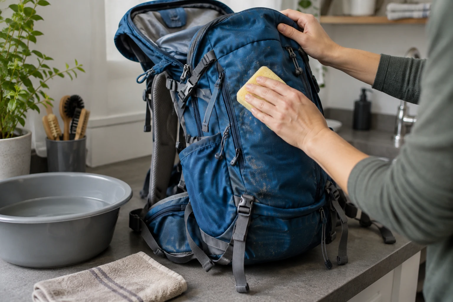 An empty backpack being wiped with a damp sponge.