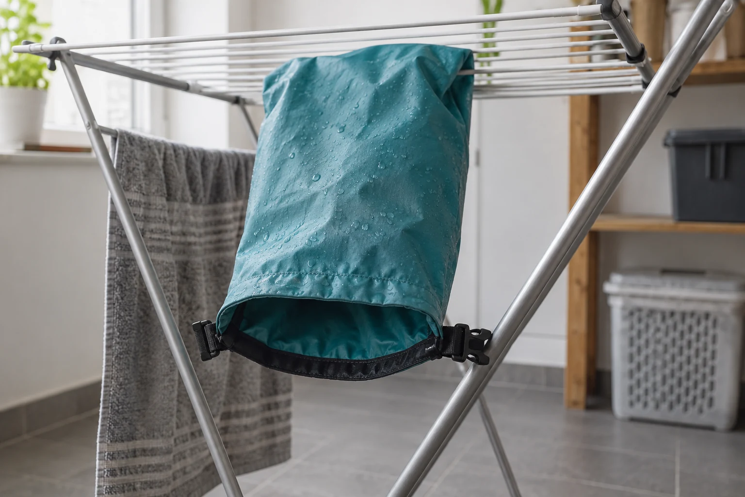 An open rolltop dry bag drying after rinsing.