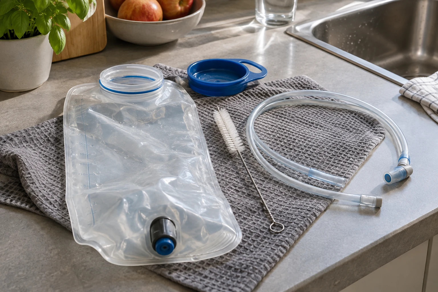 A hydration reservoir, drinking tube and narrow cleaning brush.