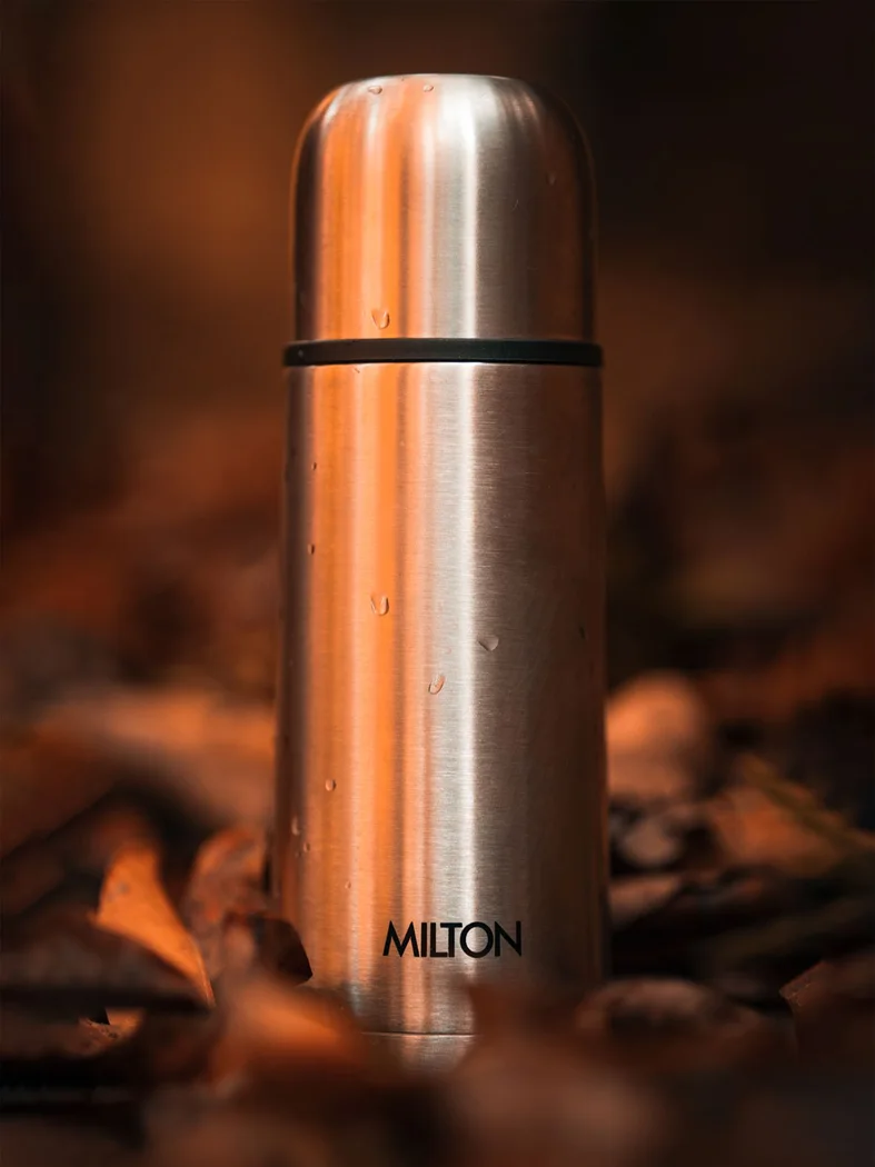 An insulated flask among autumn leaves.