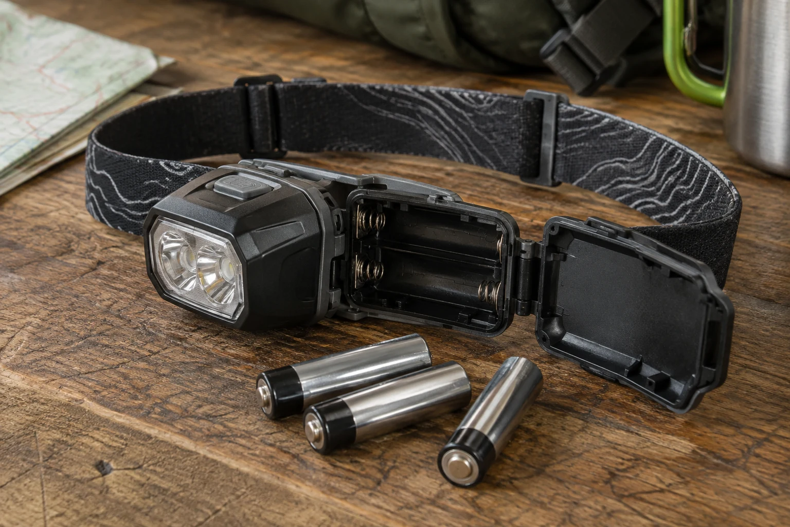 The open battery compartment of a headlamp.
