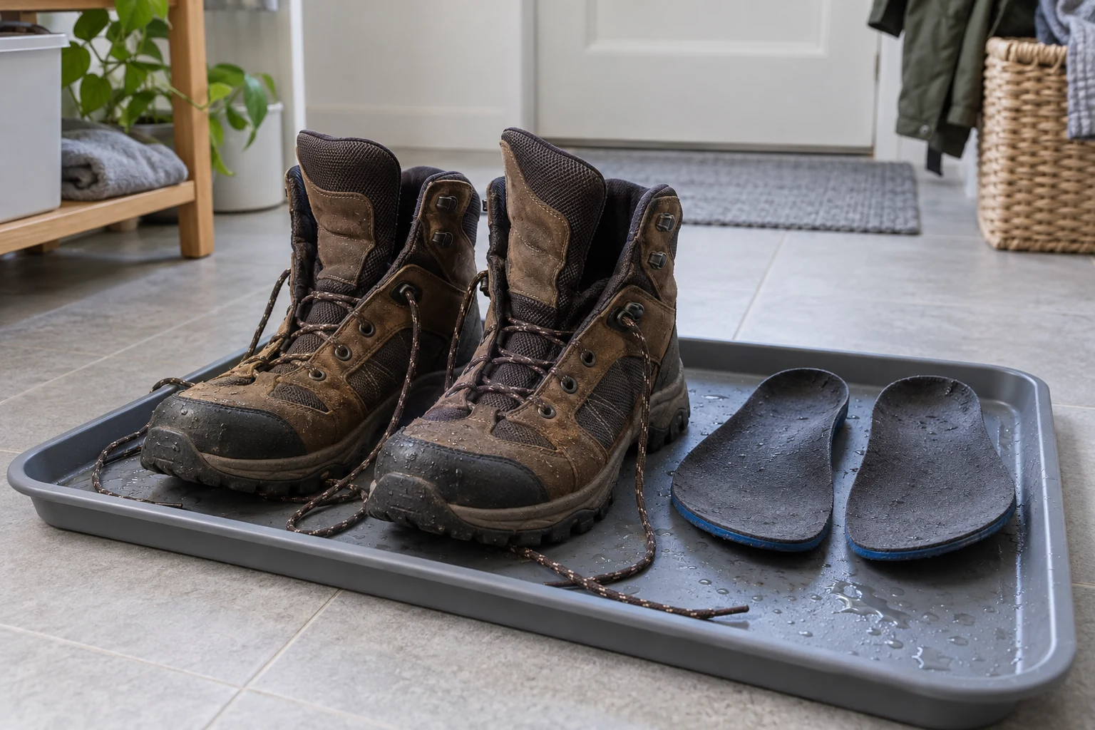 Open hiking boots drying with their removable footbeds beside them.