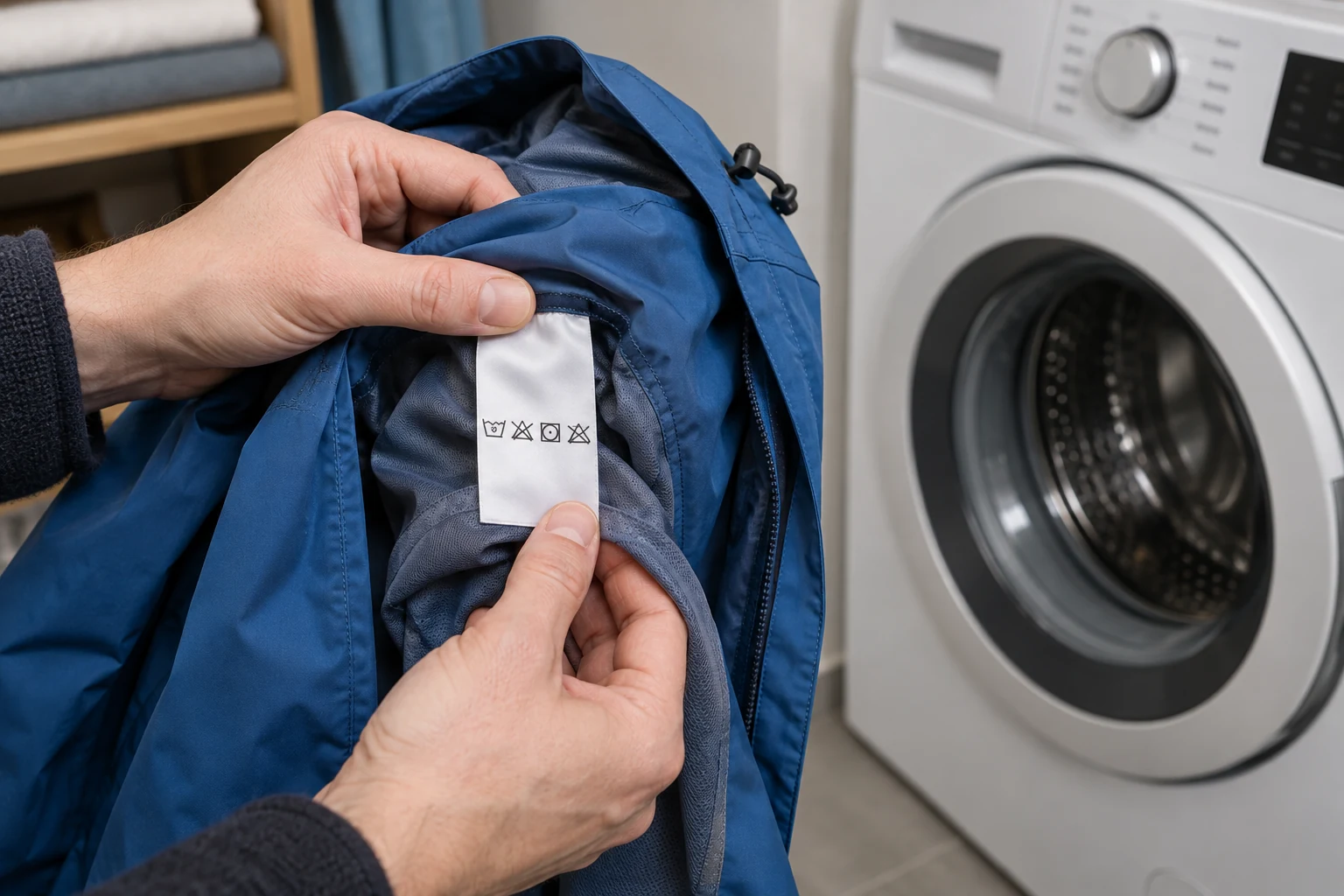 The care label of a rain jacket beside a washing machine.