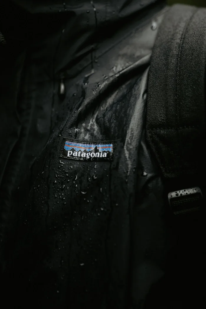Water droplets on rain-jacket fabric.