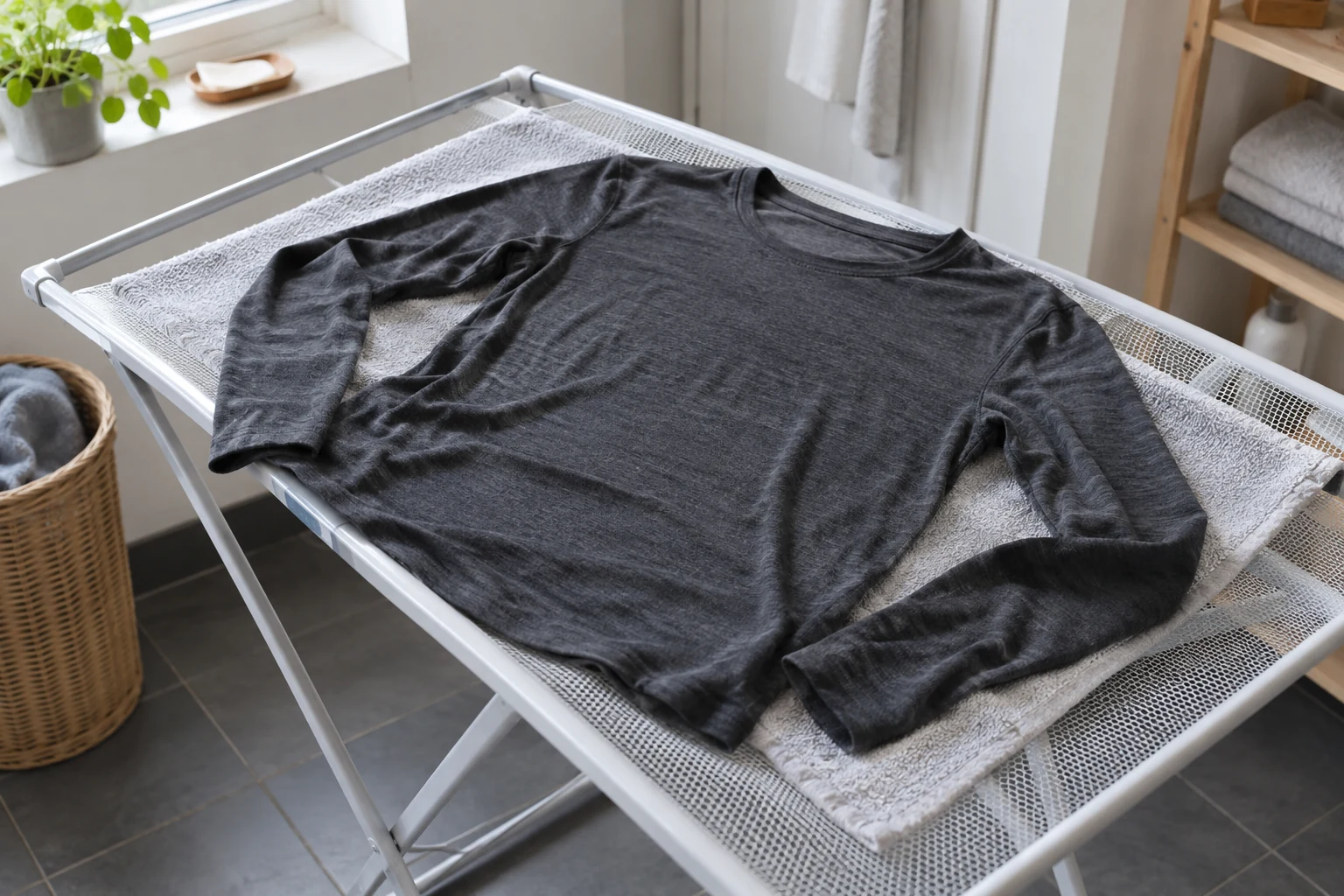 A wool base layer drying flat on a rack.