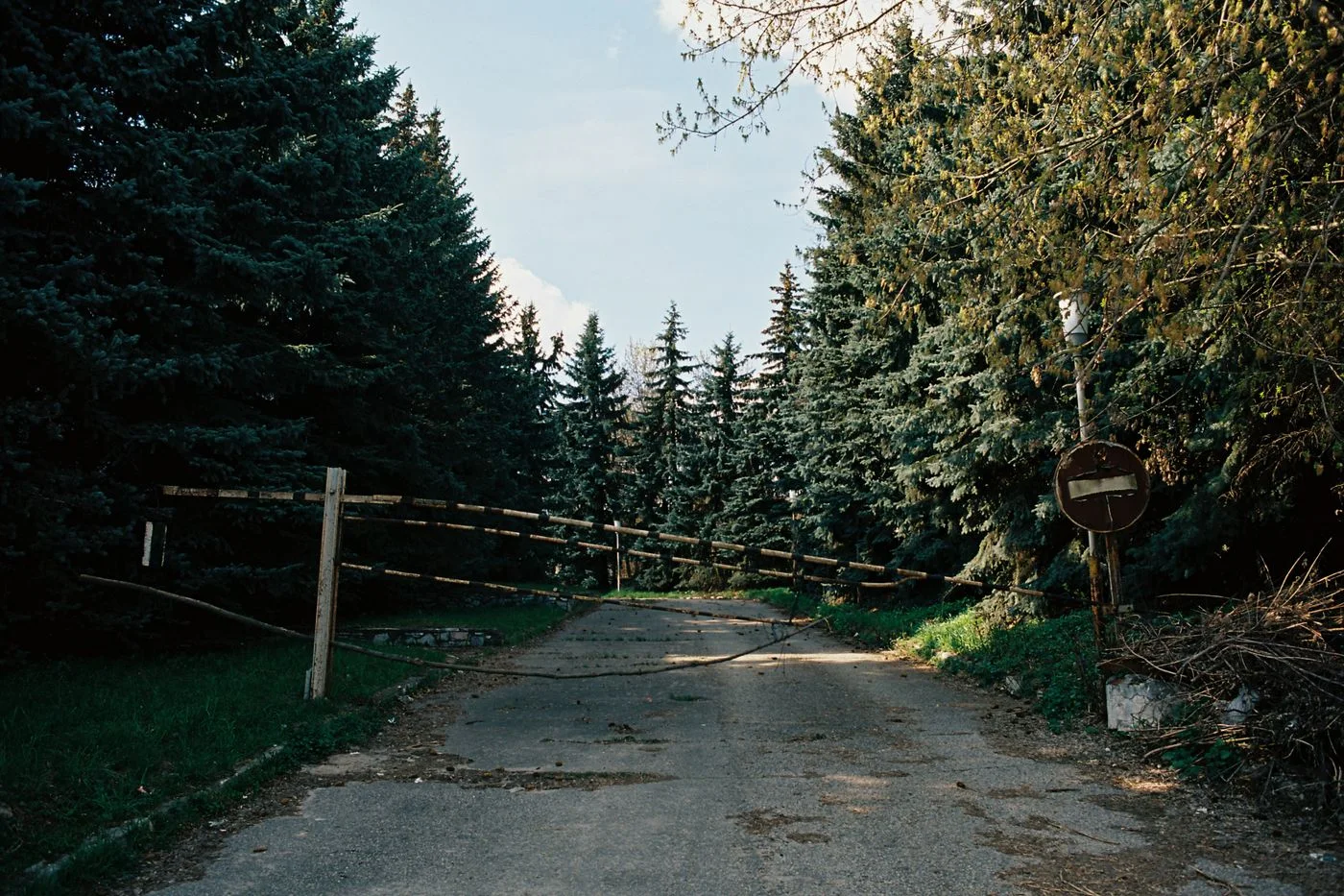 A barrier and signs on a forest road.